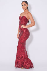 Kenza Berry Luxe Sweetheart Plunge Sequin Embellished Fishtail Dress