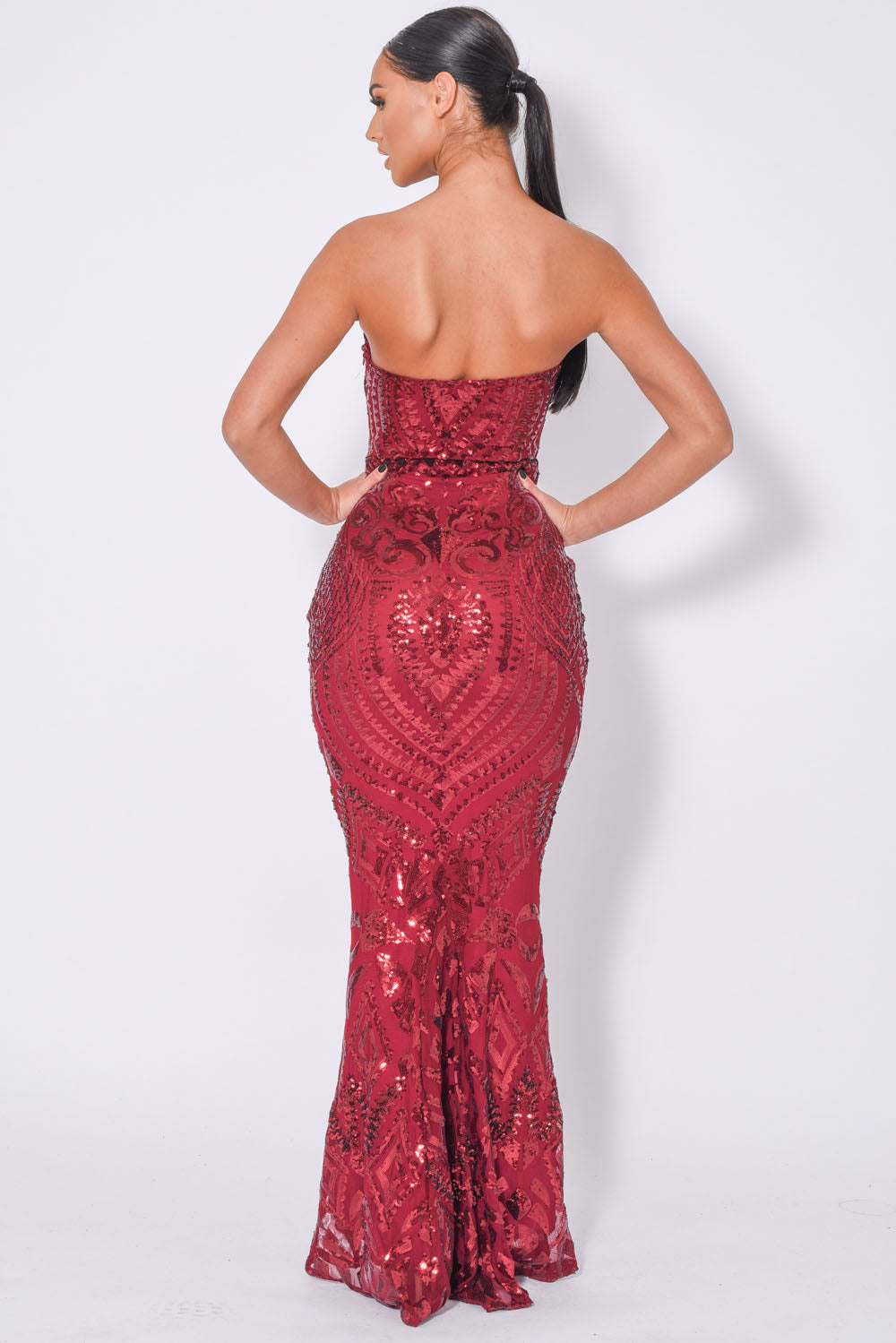 Kenza Berry Luxe Sweetheart Plunge Sequin Embellished Fishtail Dress