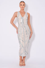 Iconic Luxe Silver Cage Sequin Bandage Illusion Midi Pencil Dress