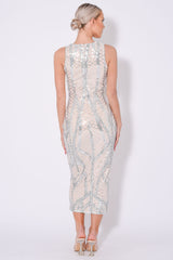 Iconic Luxe Silver Cage Sequin Bandage Illusion Midi Pencil Dress