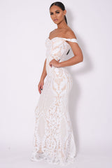 Layali White Nude Bardot Sweetheart Sequin Embellished Maxi Fishtail Dress