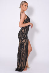 Outshine Vip Black Nude Sequin Illusion Slit Maxi Dress