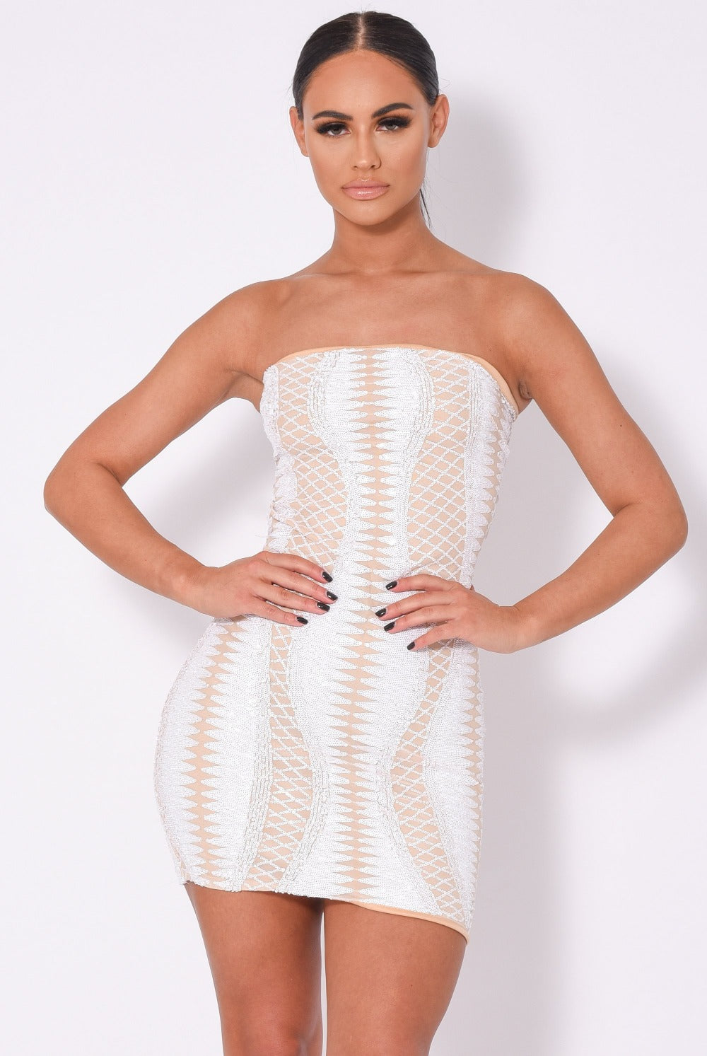 Tie Me Up White Nude Bandeau Cage Sequin Bandage Illusion Lace Up Dress