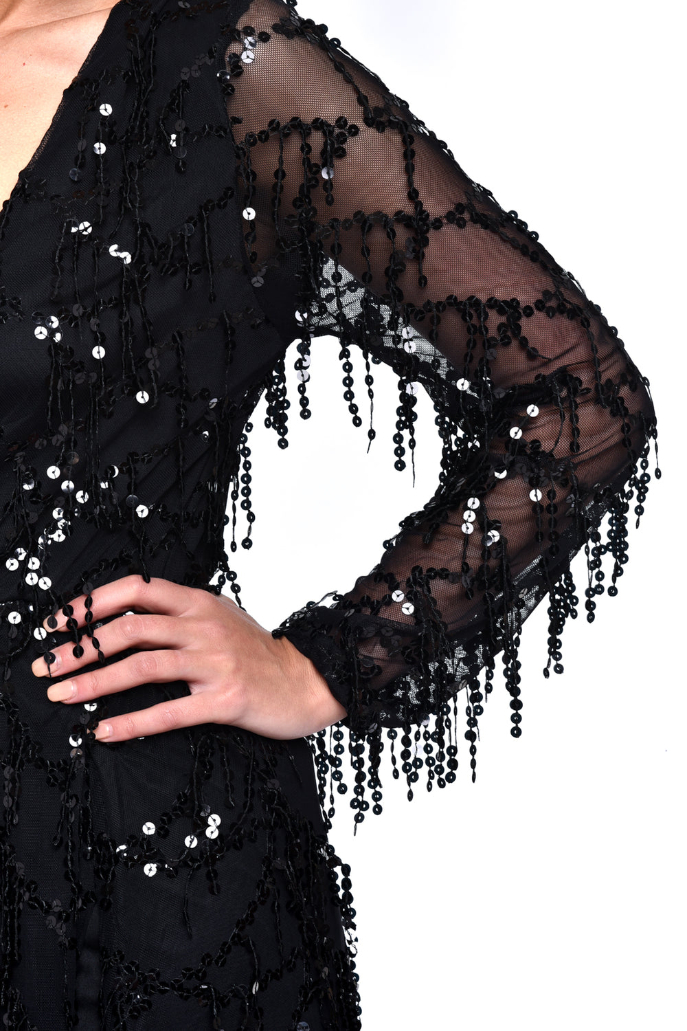 Victoria Black Plunge Long Sleeve Fringe Sequin Slit Dress