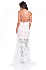 Claudia White Sheer Lace Applique Fishtail Maxi Dress