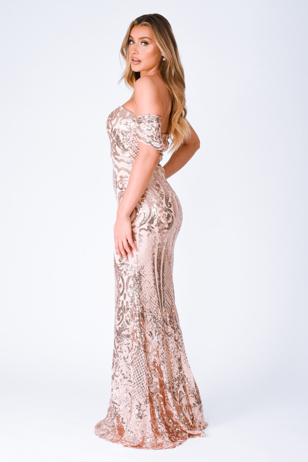 nazz collection sweetheart plunge sequin embellished bardot off the shoulder maxi fishtail mermaid dress rose gold