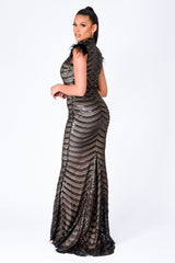 Power Vip Black Luxe Feather Shoulder Sequin Illusion Maxi Dress