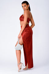 Cuba Red Metallic Glitter Crop Top Thigh Slit Skirt Two Piece Co ord Set