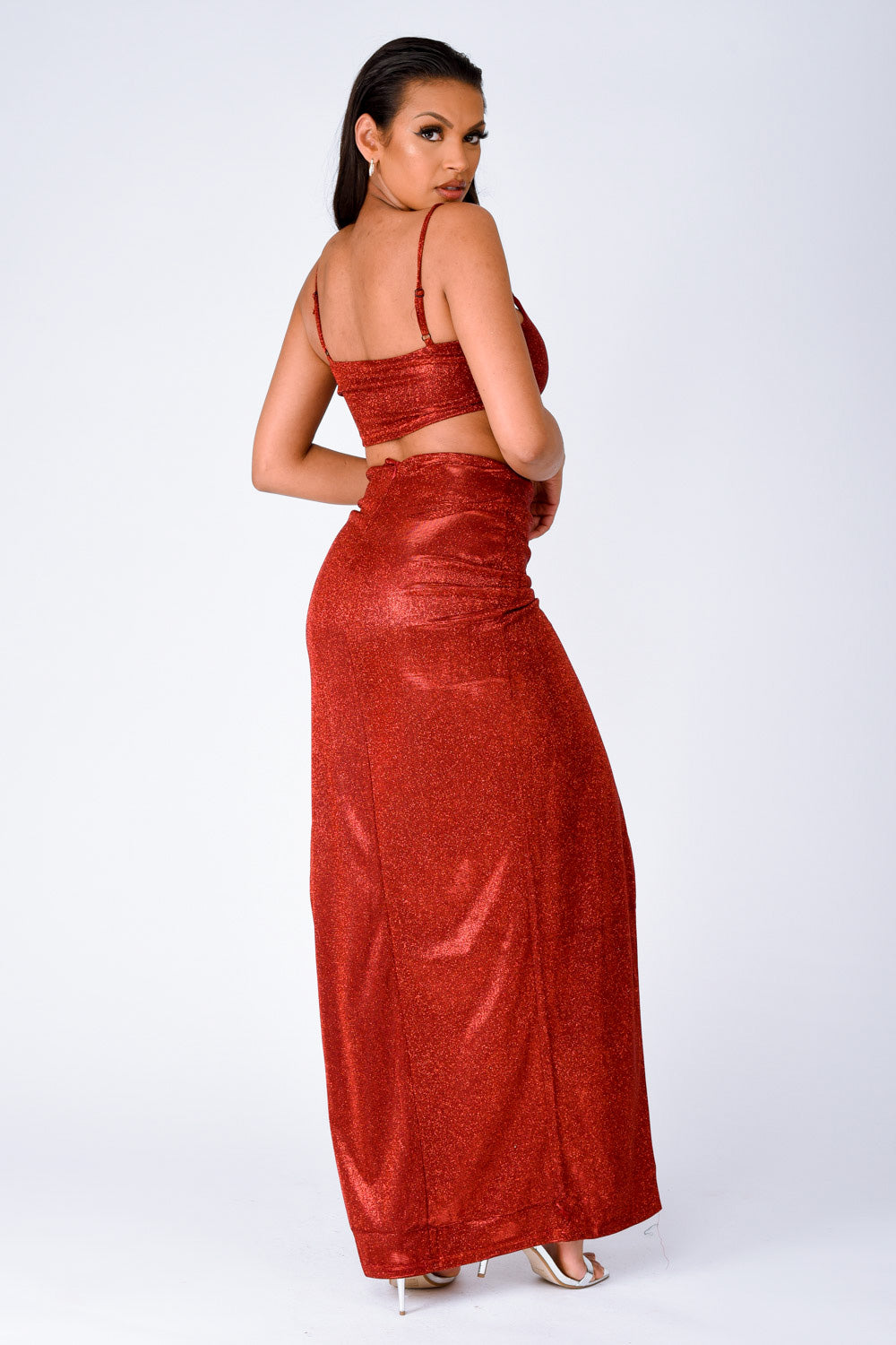 Cuba Red Metallic Glitter Crop Top Thigh Slit Skirt Two Piece Co ord Set