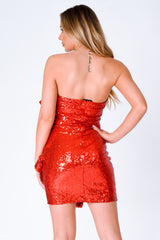 Ruffle Me Up Red Strapless Sequin Bodycon Dress