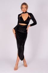 Alter Ego Black Velvet Asymmetric Cut Out Bralette Long Sleeve Dress