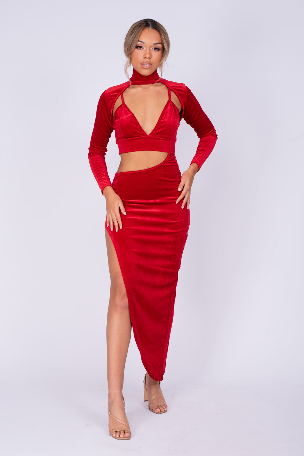 Alter Ego Red Velvet Asymmetric Cut Out Bralette Long Sleeve Dress Nazz Collection Alter Ego Red Velvet Asymmetric Cut Out Bralette Long Sleeve Dress Nazz Collection