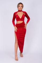 Alter Ego Red Velvet Asymmetric Cut Out Bralette Long Sleeve Dress