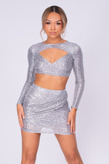 Flaunt It Silver Sequin Ruched Wrap Two Piece Co-ord Set