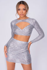 Flaunt It Silver Sequin Ruched Wrap Two Piece Co-ord Set