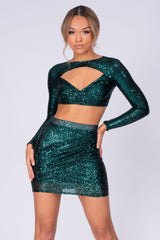 Flaunt It Emerald Green Sequin Ruched Wrap Two Piece Co-ord Set