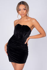 Crushin Hearts Black Corset Hook & Eye Plunge Velvet Dress