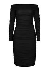 Felicity Black Bardot Off The Shoulder Mesh Net Midi Bodycon Dress