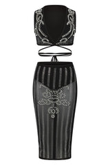Empress Black Sheer Rhinestone Pearls Two Piece Midi Skirt Top Co Ord Set