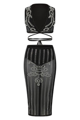 Empress Black Sheer Rhinestone Pearls Two Piece Midi Skirt Top Co Ord Set