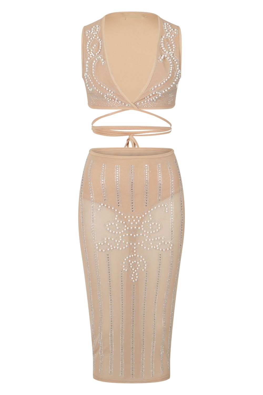 Empress Nude Sheer Rhinestone Pearls Two Piece Midi Skirt Top Co Ord Set