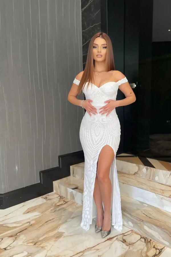 Angelika White Luxe Sequin Embellished Off The Shoulder Maxi Slit Dress