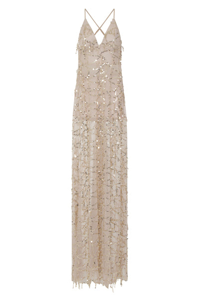 Keysha Nude Sheer Sequin Tassel Fringe Double Slit Dress