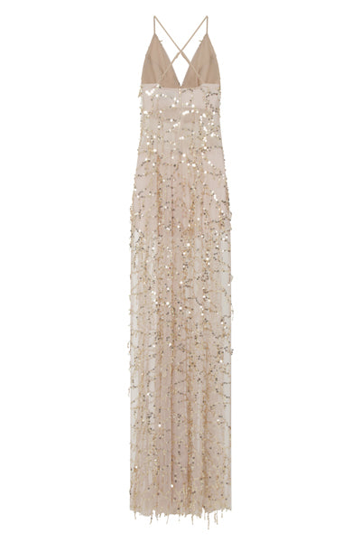 Keysha Nude Sheer Sequin Tassel Fringe Double Slit Dress