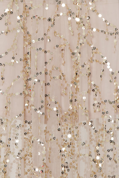 Keysha Nude Sheer Sequin Tassel Fringe Double Slit Dress