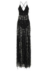 Keysha Black Sheer Sequin Tassel Fringe Double Slit Dress