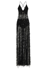 Keysha Black Sheer Sequin Tassel Fringe Double Slit Dress