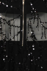 Keysha Black Sheer Sequin Tassel Fringe Double Slit Dress