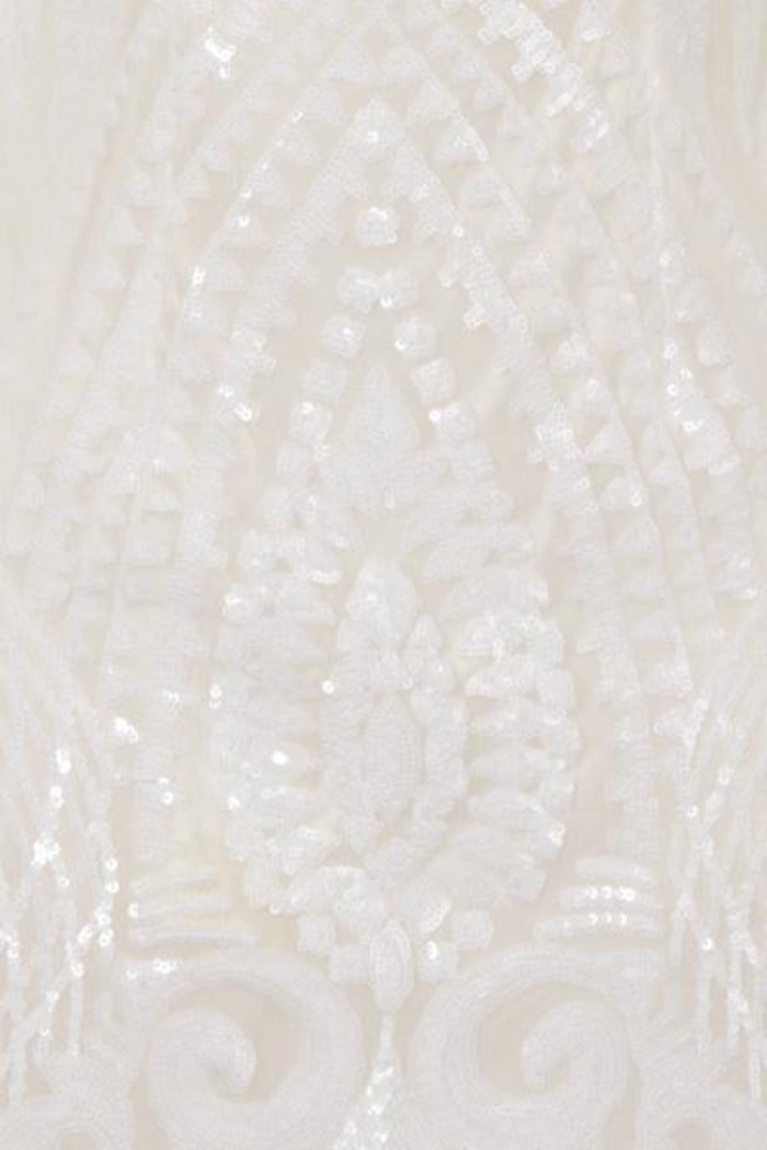 Pearl White Luxe Tribal Sequin Embellished Highneck Midi Dress