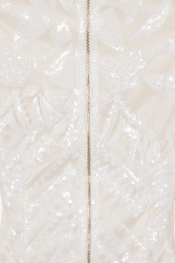 Pearl White Luxe Tribal Sequin Embellished Highneck Midi Dress