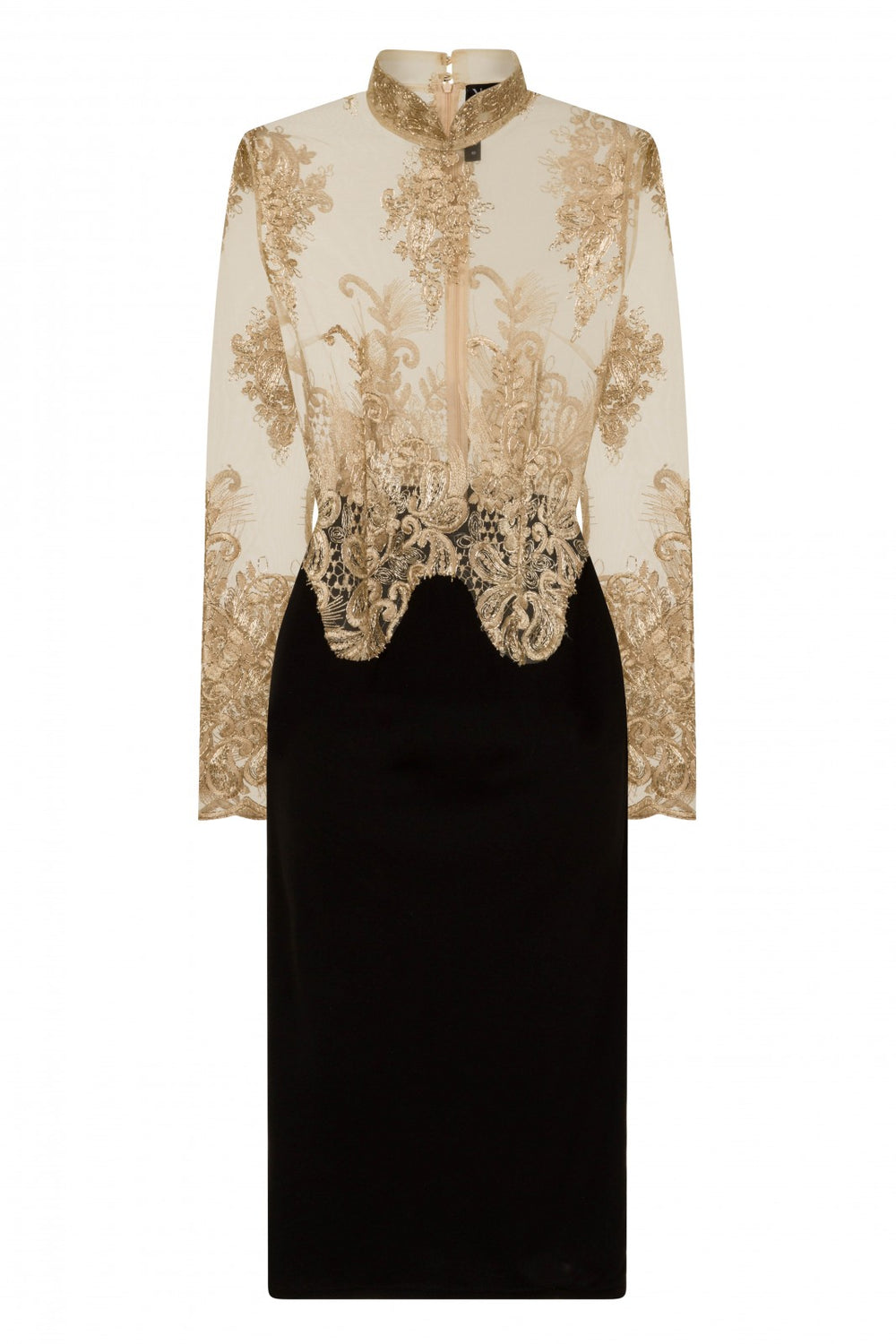 Kali Sheer Embroidery Black & Gold Slinky Midi Dress