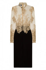 Kali Sheer Embroidery Black & Gold Slinky Midi Dress