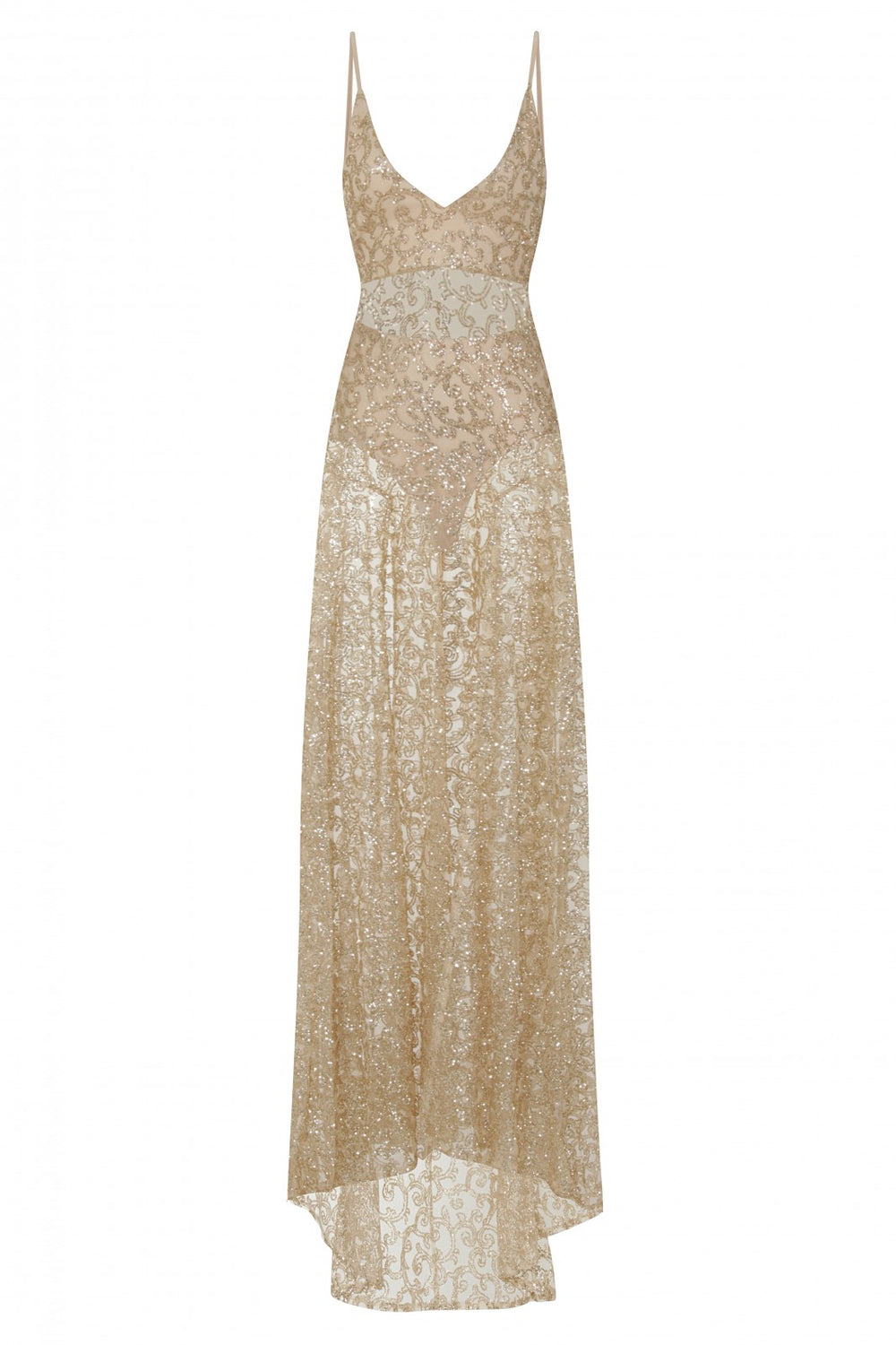 Kimya Gold Sheer Goddess Sparkle Double Slit Dress