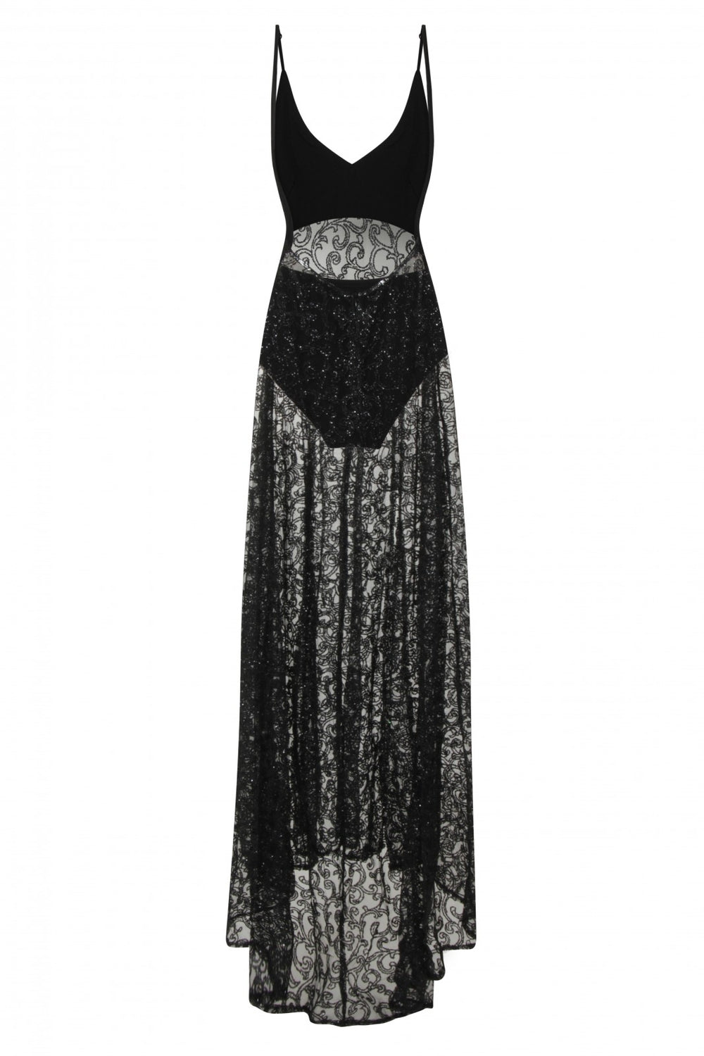 Kimya Black Sheer Goddess Sparkle Double Slit Dress