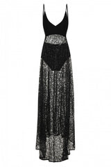 Kimya Black Sheer Goddess Sparkle Double Slit Dress