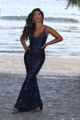 Spotlight Navy Vip Luxe Sequin Backless Mermaid Fishtail Dress