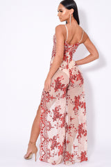 Game Changer Red Nude Sheer Floral Sequin Palazzo Split Jumpsuit