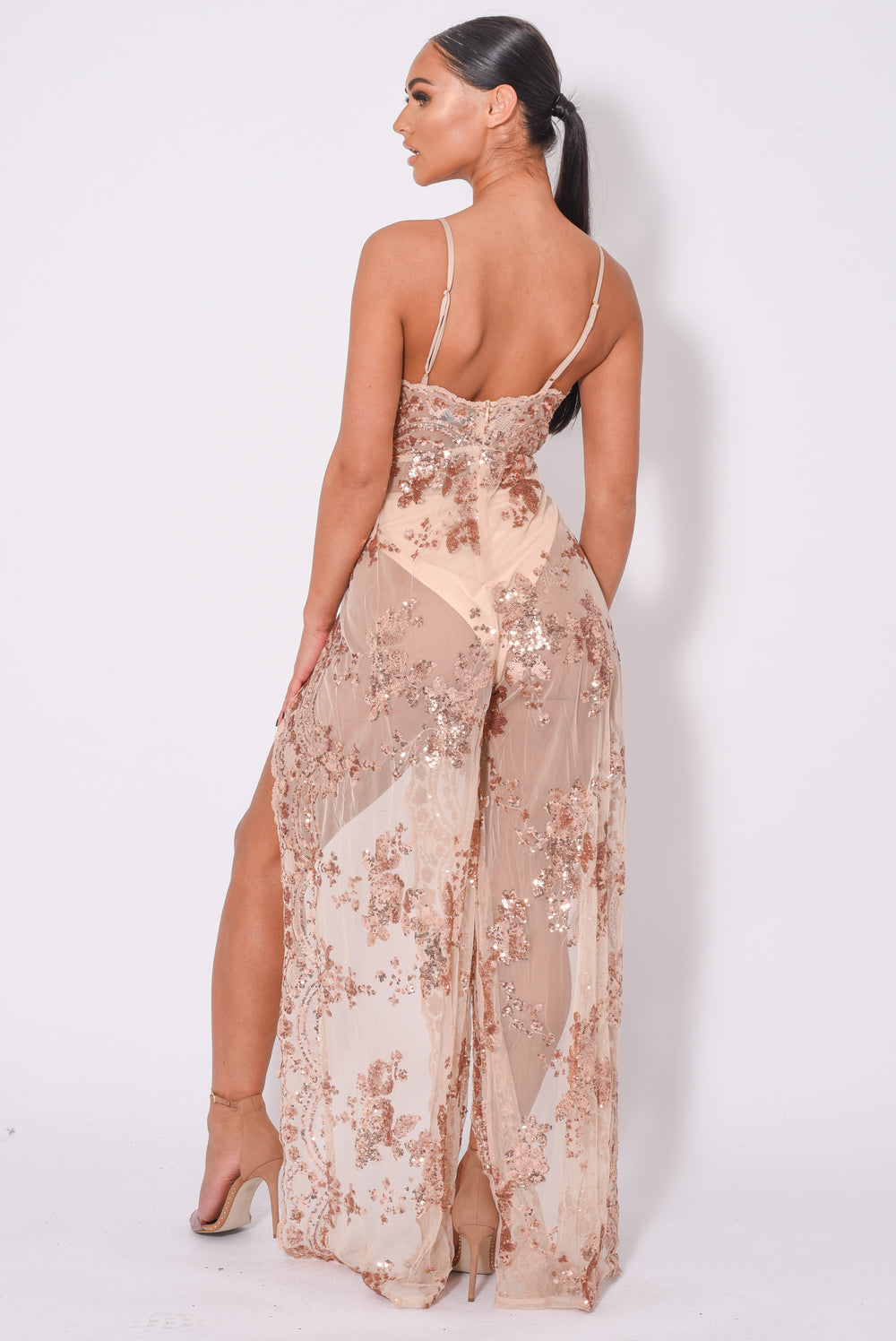 Game Changer Rose Gold Nude Sheer Floral Sequin Palazzo Split Jumpsuit