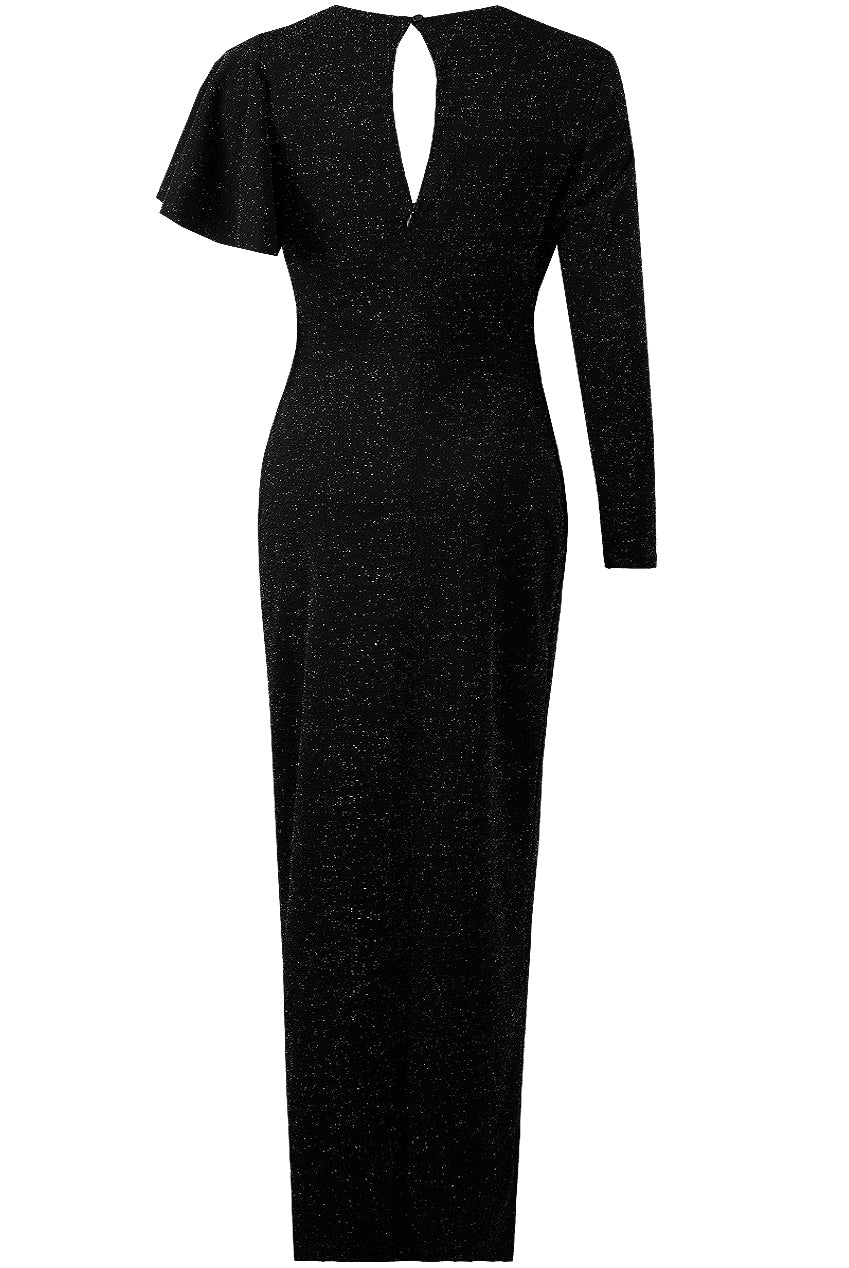 Nikki Black Glitter Lurex Frill Ruffle Split Slinky Maxi Dress