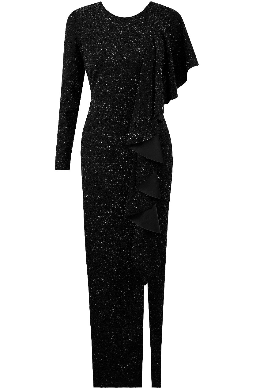 Nikki Black Glitter Lurex Frill Ruffle Split Slinky Maxi Dress