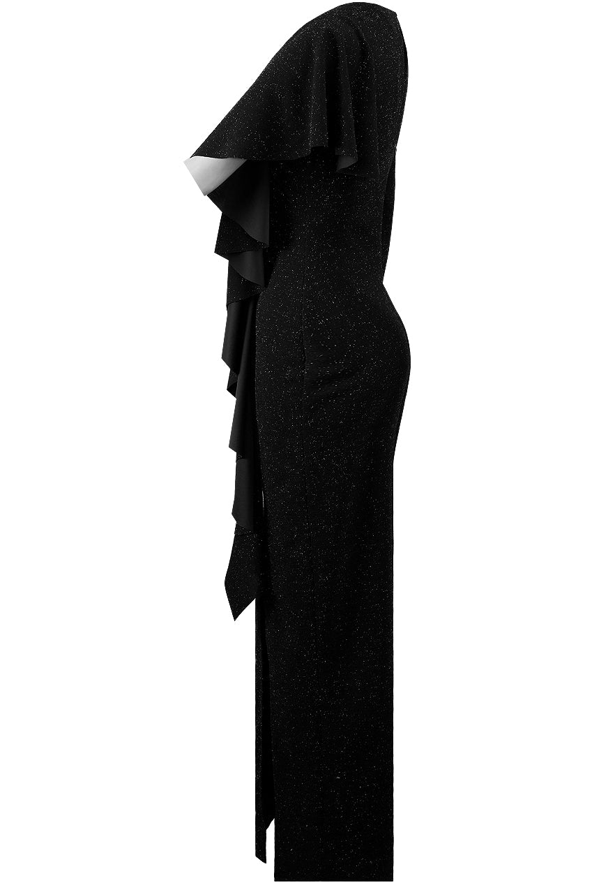 Nikki Black Glitter Lurex Frill Ruffle Split Slinky Maxi Dress