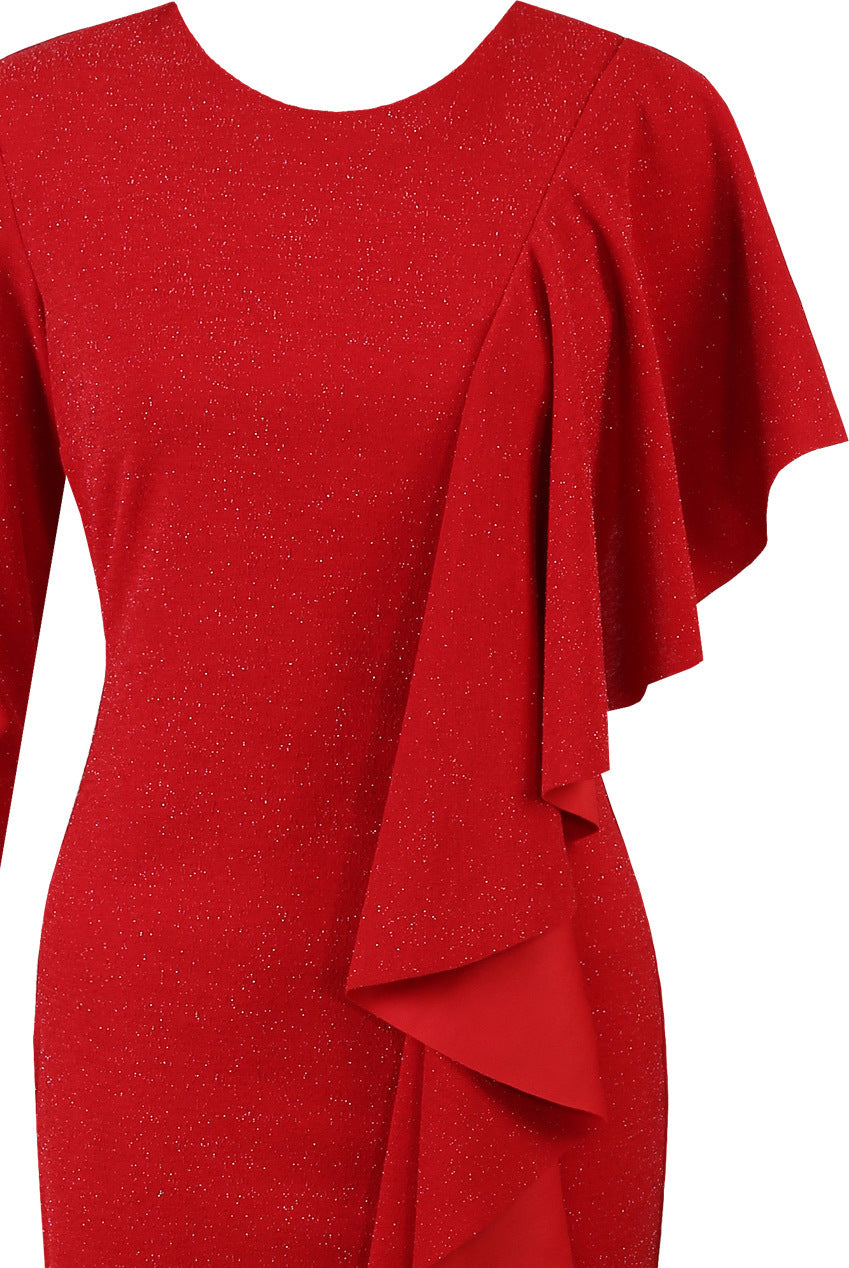 Nikki Red Glitter Lurex Frill Ruffle Split Slinky Maxi Dress