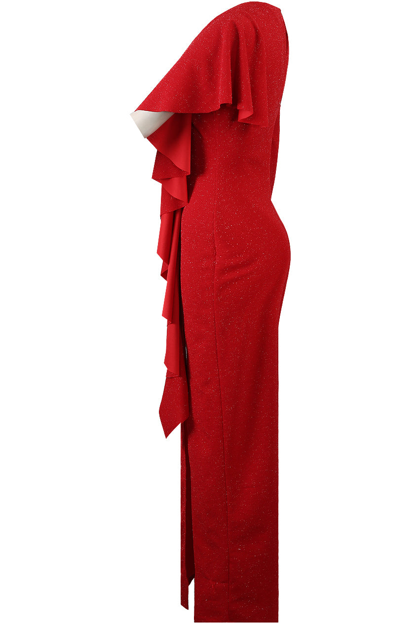 Nikki Red Glitter Lurex Frill Ruffle Split Slinky Maxi Dress