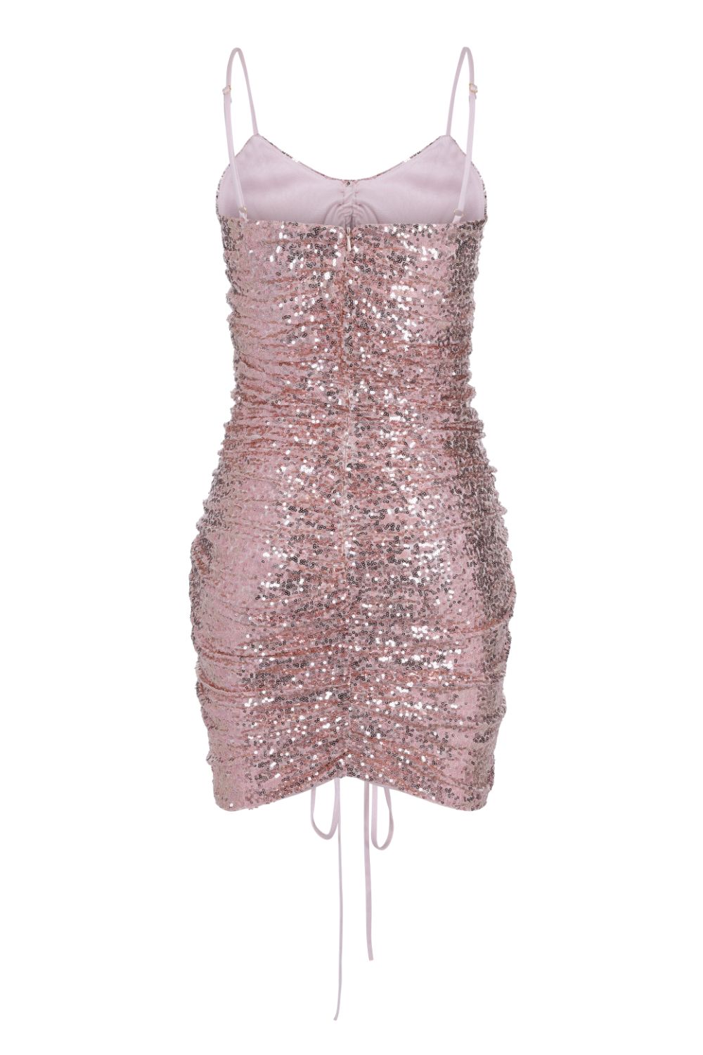 Golden Nights Rose Gold Strappy Ruched Plunge Sequin Dress