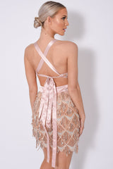 Holly Glam Rose Gold Ombre Sequin Tassel Fringe Sheer Dress
