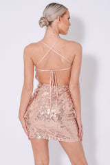 Icey Vip Rose Gold Nude Plunge Floral Sequin Illusion Mini Dress